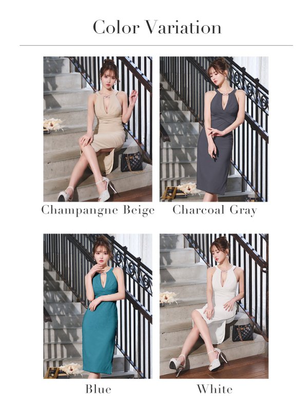 画像29: XSサイズあり【Veautt/ヴュート】【OF05】ホルターネック/ バストクロス/ ストレッチ/ タイト/ ミディアムドレス/ キャバドレス (29)