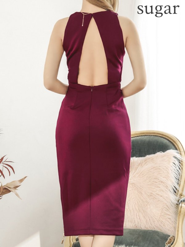 画像9: XSサイズあり【Veautt/ヴュート】【OF05】襟付き/ ボタンチャーム/ バックオープン/ ノースリーブ/ ひざ丈/ タイト/ ミディアムドレス/ キャバドレス (9)