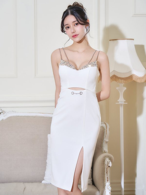 画像13: XSサイズあり【Veautt/ヴュート】【OF05】バストビジュー/ ウエストオープン/ チャーム/ ひざ丈/ タイト/ ミディアムドレス/ キャバドレス (13)