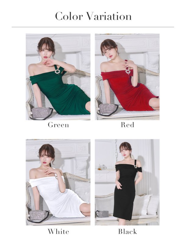 画像27: XSサイズあり【Veautt/ヴュート】【OF05】バックルデザイン/ オフショルダー/ ビジュー/ サイドファスナー/ タイト/ ミディアムドレス/ キャバドレス (27)