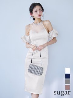 【Veautt/ヴュート】【OF05】アメスリ/ ビジュー/ メッシュ/ パフスリーブ/ 2way/ タイト/ ミディアムドレス/ キャバドレス