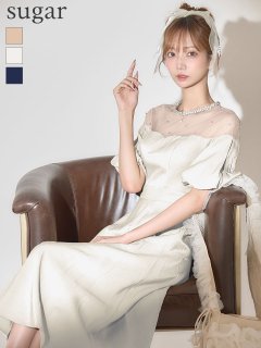 【Veautt/ヴュート】【OF05】パフスリーブ/ レース/ ビジュー/ Aライン/ フレア/ ロングドレス/ キャバドレス