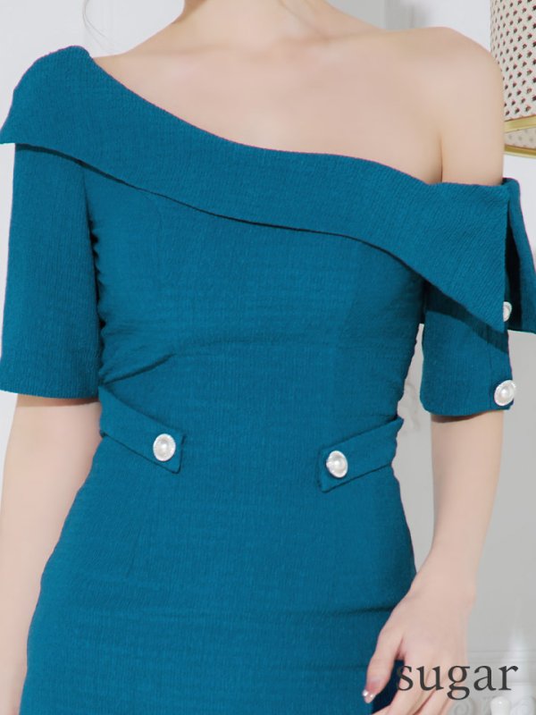 画像20: XSサイズあり【Veautt/ヴュート】【OF05】ワンショルダー/ ボタン/ ハーフスリーブ/ ワンカラー/ ひざ丈/ タイト/ ミディアムドレス/ キャバドレス (20)