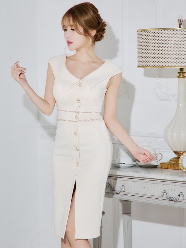 画像3: XSサイズあり【Veautt/ヴュート】【OF05】アシンメトリーカラー/ ボタン/ スリット/ ワンカラー/ ノースリーブ/ タイト/ ミディアムドレス/ キャバドレス (3)