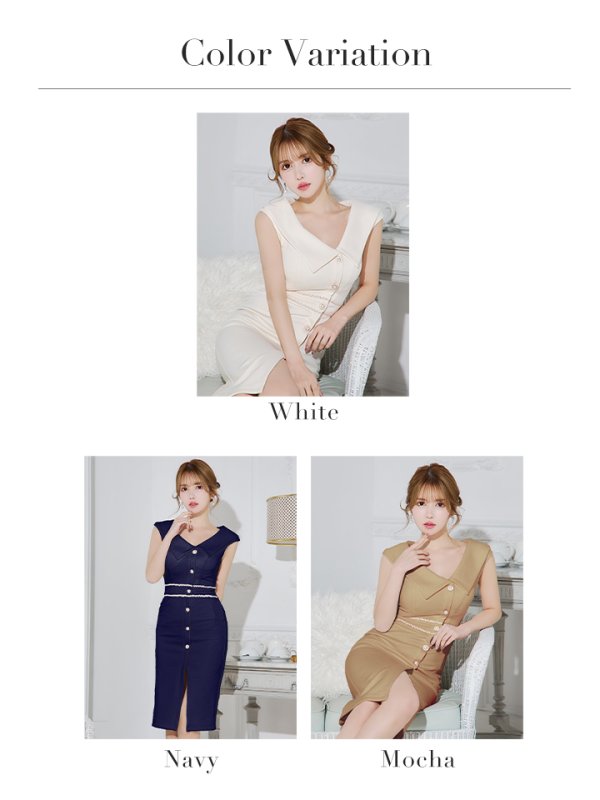 画像25: XSサイズあり【Veautt/ヴュート】【OF05】アシンメトリーカラー/ ボタン/ スリット/ ワンカラー/ ノースリーブ/ タイト/ ミディアムドレス/ キャバドレス (25)