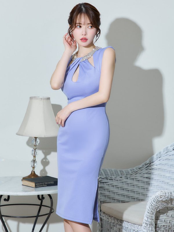 画像4: XSサイズあり【Veautt/ヴュート】【OF05】デコルテビジュー/ オープンバストカットデザイン/ タイト/ ミディアムドレス/ キャバドレス (4)