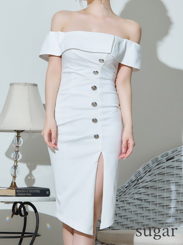 画像16: XSサイズあり【Veautt/ヴュート】【OF05】フロントボタン/ タックデザイン/ オフショルダー/ タイト/ ミディアムドレス/ キャバドレス (16)