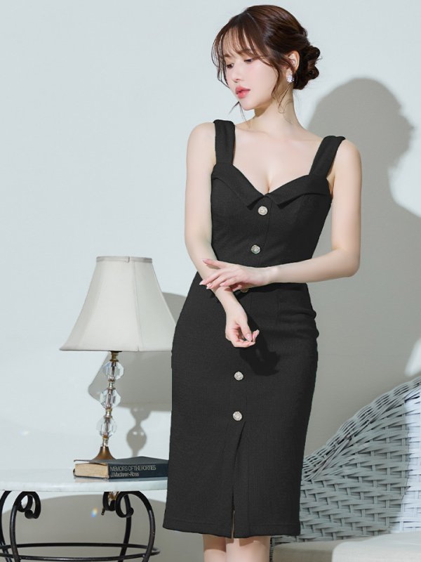 画像13: XSサイズあり【Veautt/ヴュート】【OF05】 バストカラー/ ボタン/ センタースリット/ タイト/ ミディアムドレス/ キャバドレス (13)