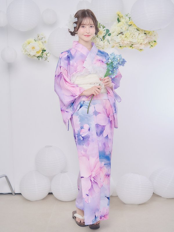 画像2: 【即日発送】パステル水彩フラワーアンニュイ浴衣【浴衣３点セット 浴衣/帯/下駄】[YMT] (2)