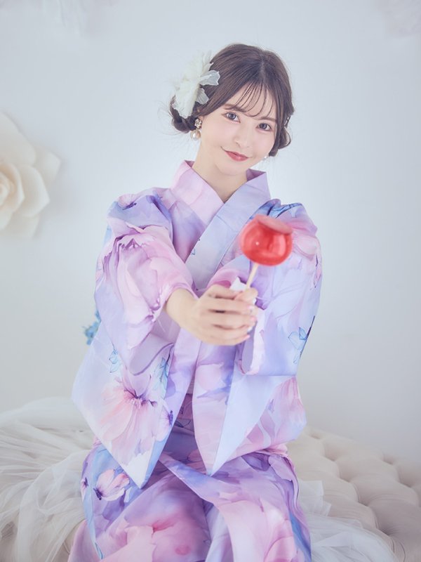 画像3: 【即日発送】パステル水彩フラワーアンニュイ浴衣【浴衣３点セット 浴衣/帯/下駄】[YMT] (3)