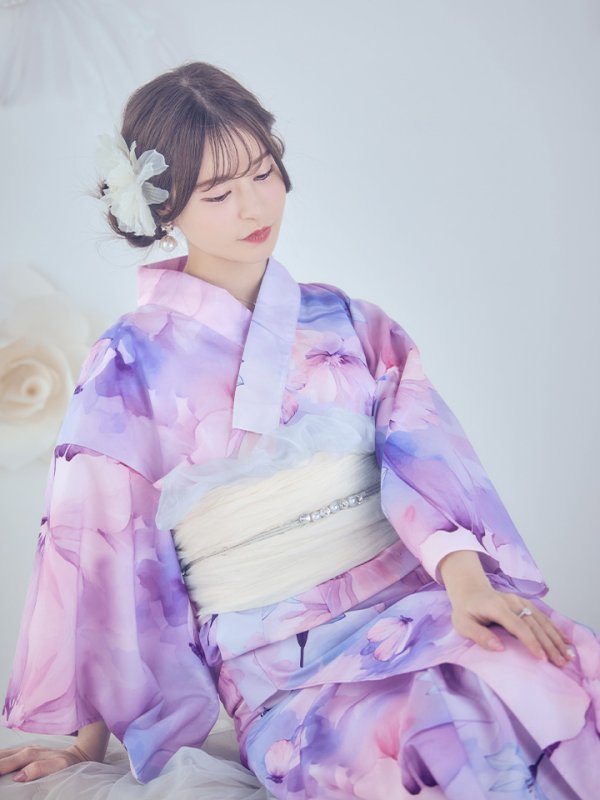画像4: 【即日発送】パステル水彩フラワーアンニュイ浴衣【浴衣３点セット 浴衣/帯/下駄】[YMT] (4)
