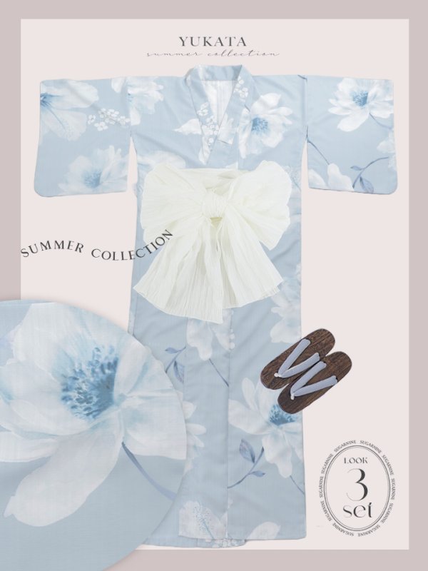 画像21: 【即日発送】ブルーホワイトフラワー柄浴衣【浴衣３点セット 浴衣/帯/下駄】[YMT] (21)