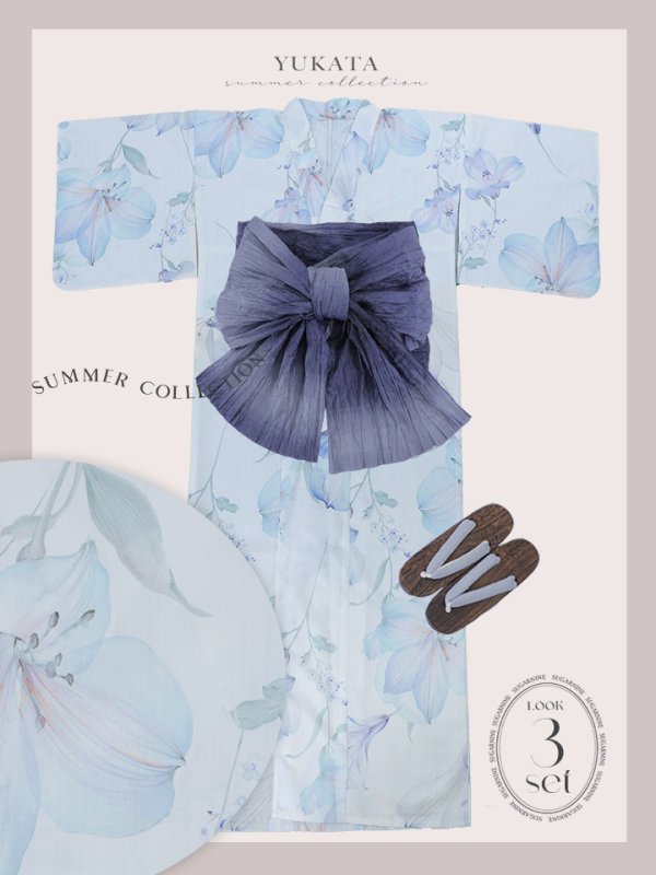 画像24: 【即日発送】【浴衣セール！】水彩百合ナチュラルブルー浴衣【浴衣３点セット 浴衣/帯/下駄】[YMT] (24)