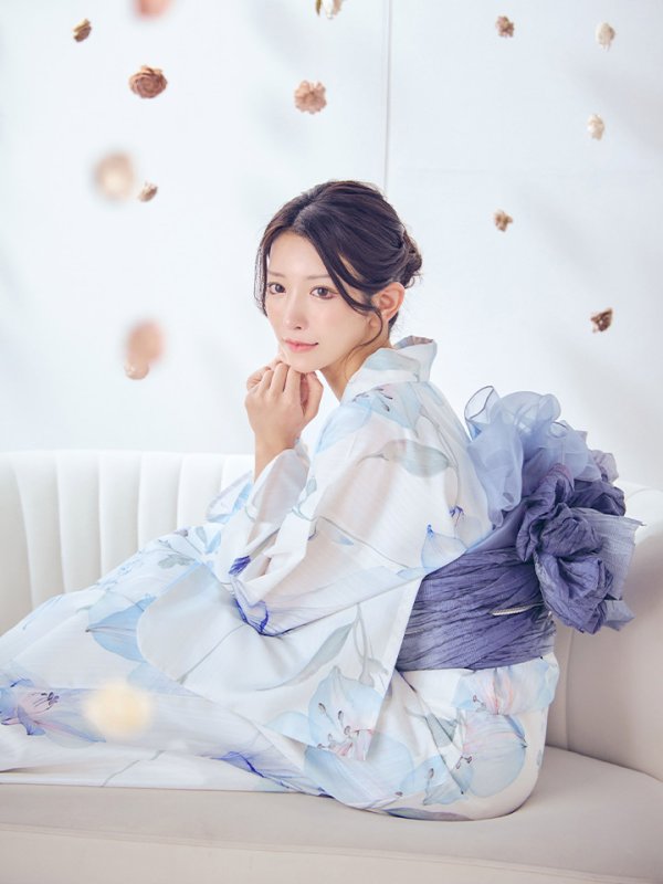 画像3: 【即日発送】【浴衣セール！】水彩百合ナチュラルブルー浴衣【浴衣３点セット 浴衣/帯/下駄】[YMT] (3)