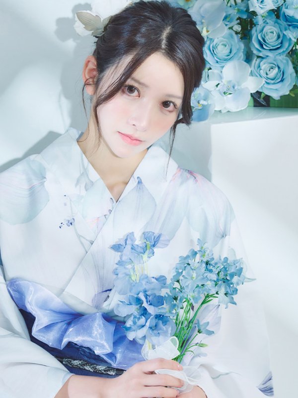画像2: 【即日発送】【浴衣セール！】水彩百合ナチュラルブルー浴衣【浴衣３点セット 浴衣/帯/下駄】[YMT] (2)