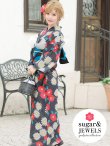 画像2: 【浴衣セール】【即日発送】【浴衣】黒地×花模様浴衣セット（OBI-hira-100-ok-3-BxBL/HIMO-900-yn-6-MI/HEKO-800-sb-5-WH /GETA-02-ok-7-R）[HC02] (2)