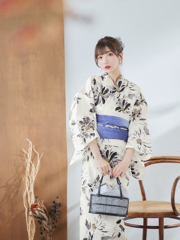 画像14: 【即日発送】水彩風モノトーンフラワー浴衣【浴衣３点セット 浴衣/帯/下駄】[YMT] (14)