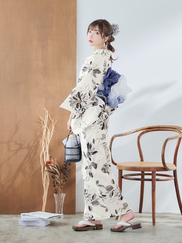 画像16: 【即日発送】水彩風モノトーンフラワー浴衣【浴衣３点セット 浴衣/帯/下駄】[YMT] (16)