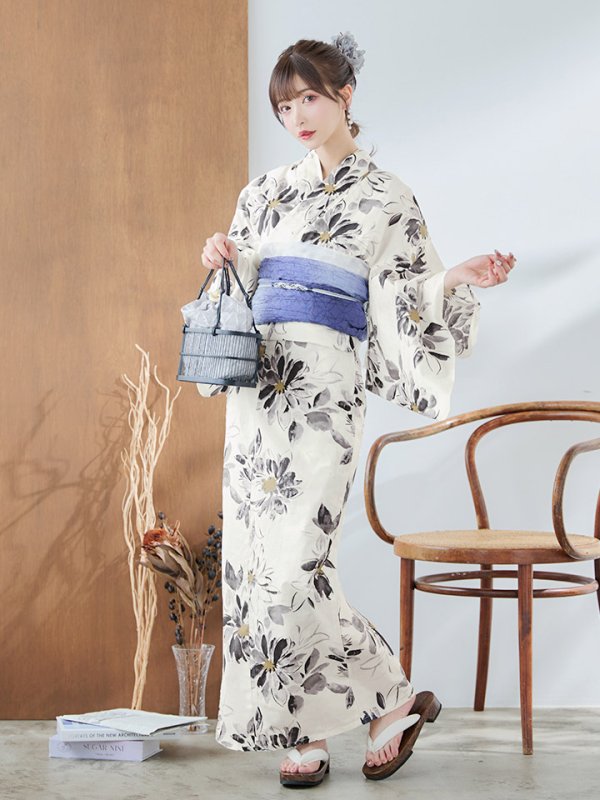 画像2: 【即日発送】水彩風モノトーンフラワー浴衣【浴衣３点セット 浴衣/帯/下駄】[YMT] (2)