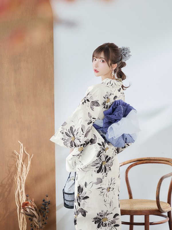 画像3: 【即日発送】水彩風モノトーンフラワー浴衣【浴衣３点セット 浴衣/帯/下駄】[YMT] (3)