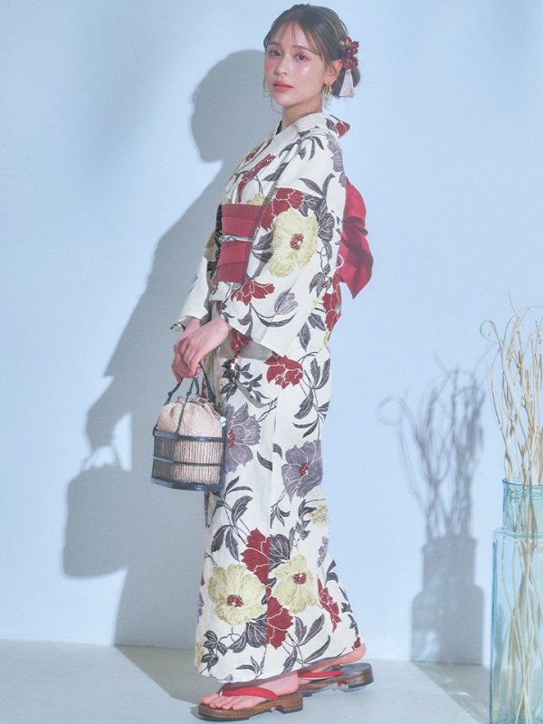 画像2: 【即日発送】レトロモダンフラワー浴衣【浴衣３点セット 浴衣/帯/下駄】[YMT] (2)