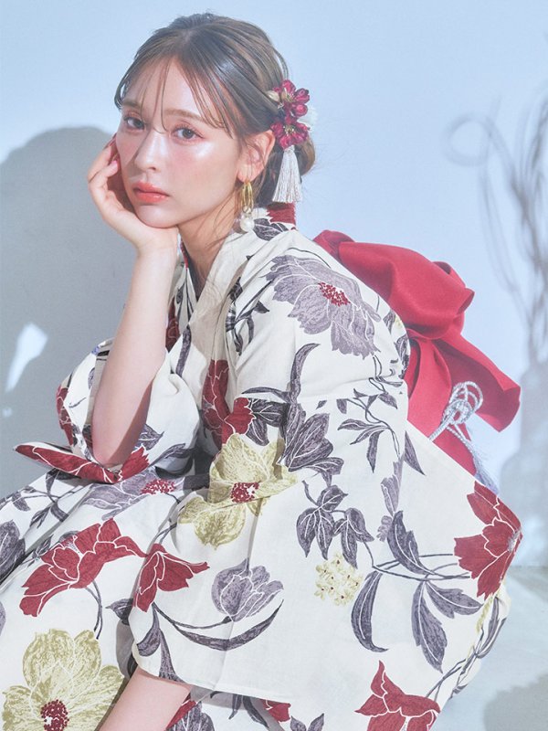 画像3: 【即日発送】レトロモダンフラワー浴衣【浴衣３点セット 浴衣/帯/下駄】[YMT] (3)