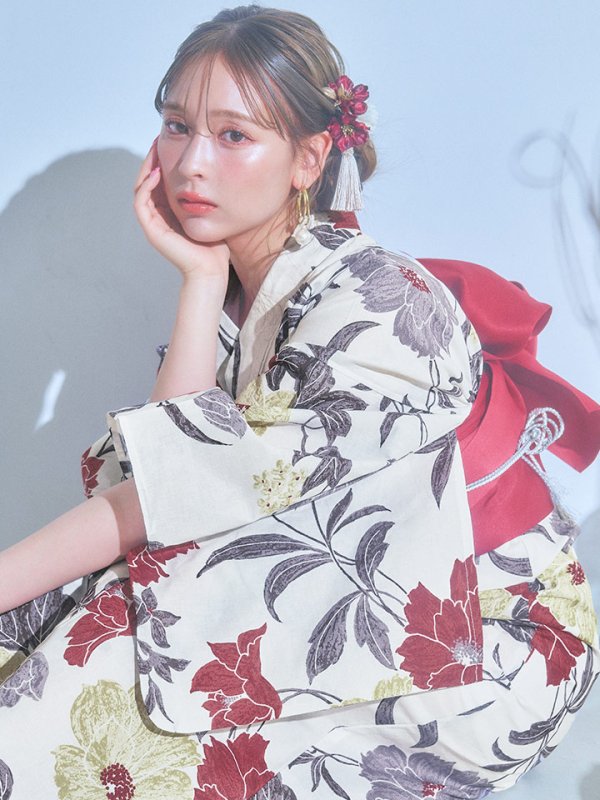 画像6: 【即日発送】レトロモダンフラワー浴衣【浴衣３点セット 浴衣/帯/下駄】[YMT] (6)