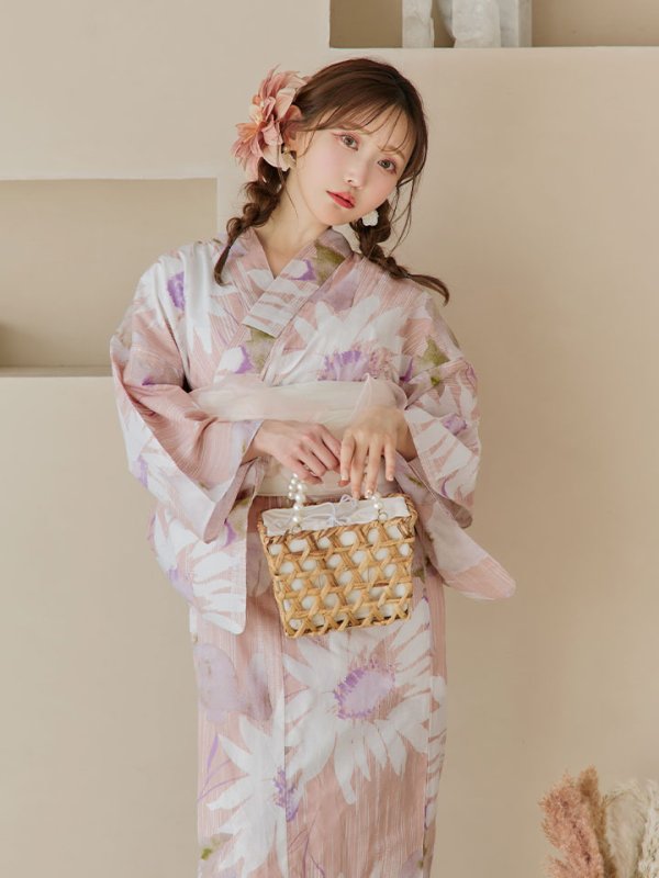 画像2: 【即日発送】大人レトロピンク浴衣【浴衣３点セット 浴衣/帯/下駄】[YMT] (2)