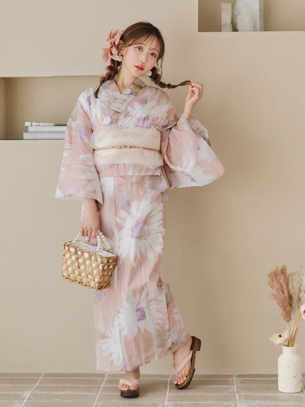 画像3: 【即日発送】大人レトロピンク浴衣【浴衣３点セット 浴衣/帯/下駄】[YMT] (3)