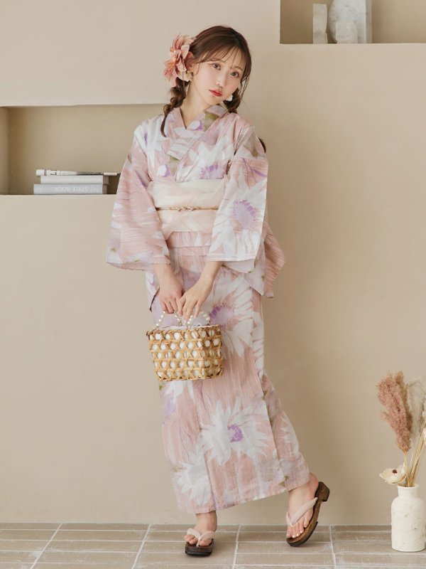 画像4: 【即日発送】大人レトロピンク浴衣【浴衣３点セット 浴衣/帯/下駄】[YMT] (4)