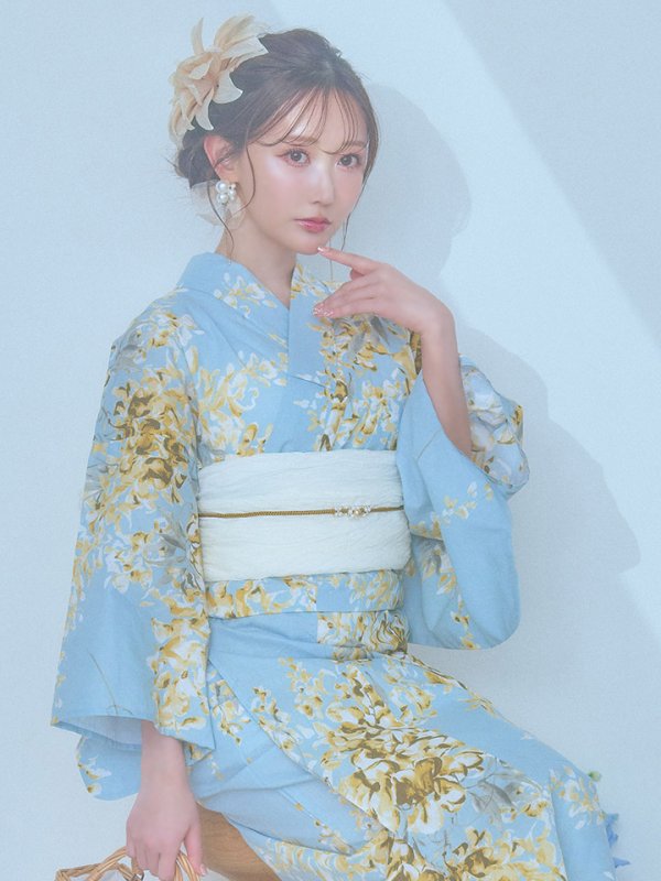 画像10: 【即日発送】ライトブルー×キバナフジ浴衣【浴衣３点セット 浴衣/帯/下駄】[YMT] (10)