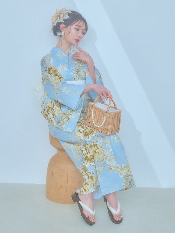 画像12: 【即日発送】ライトブルー×キバナフジ浴衣【浴衣３点セット 浴衣/帯/下駄】[YMT] (12)