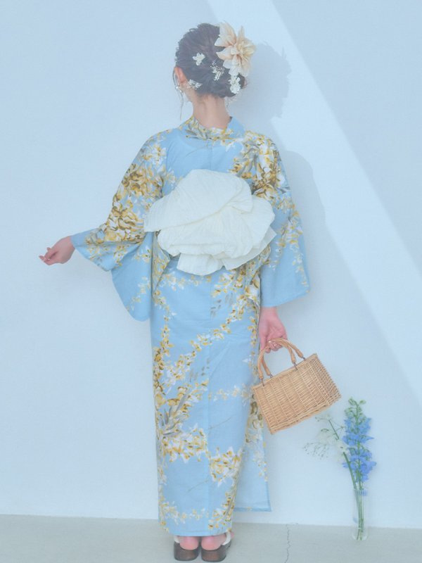 画像15: 【即日発送】ライトブルー×キバナフジ浴衣【浴衣３点セット 浴衣/帯/下駄】[YMT] (15)