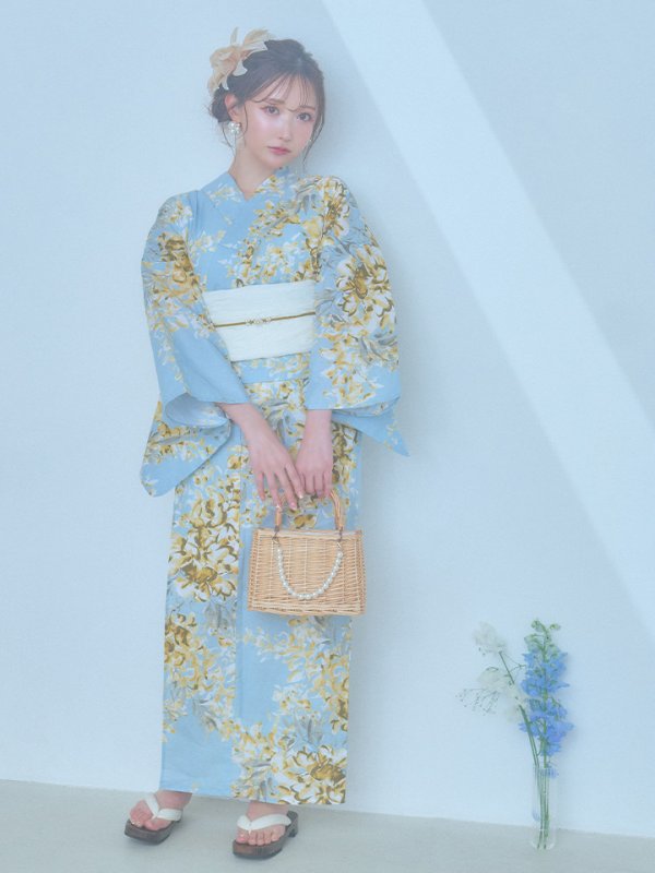 画像2: 【即日発送】ライトブルー×キバナフジ浴衣【浴衣３点セット 浴衣/帯/下駄】[YMT] (2)