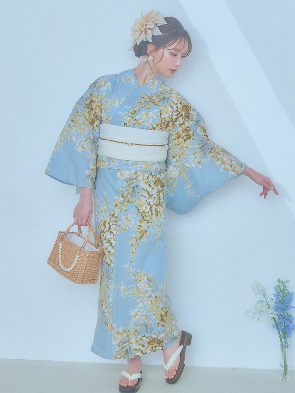 画像4: 【即日発送】ライトブルー×キバナフジ浴衣【浴衣３点セット 浴衣/帯/下駄】[YMT] (4)