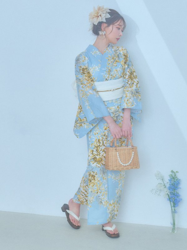 画像6: 【即日発送】ライトブルー×キバナフジ浴衣【浴衣３点セット 浴衣/帯/下駄】[YMT] (6)