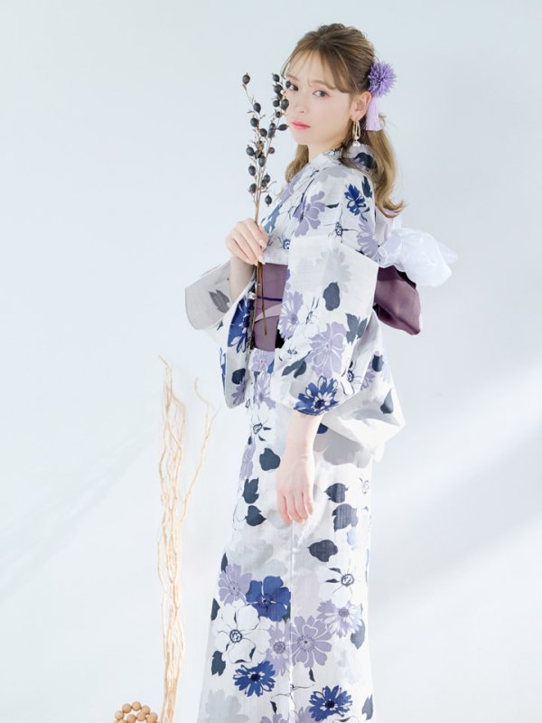 画像12: 【即日発送】パープルフラワー浴衣【浴衣３点セット 浴衣/帯/下駄】[YMT] (12)