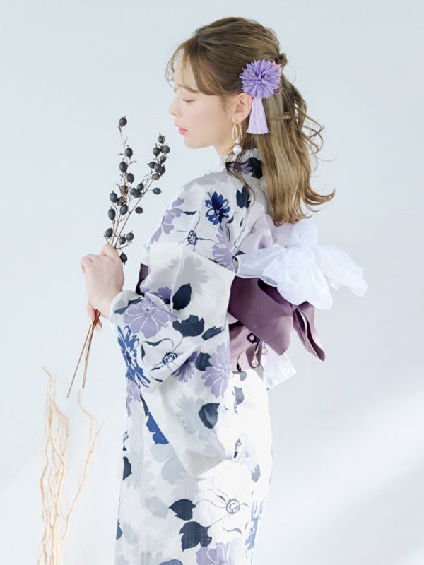 画像1: 【即日発送】パープルフラワー浴衣 OBI-hira-100-ok-8-PLxLPL / HIMO-902-kj-4-PL / HEKO-800-sb-5-WH / YA-80-kn-PL / GETA-02-ok-6-PL/ [YMT] (1)