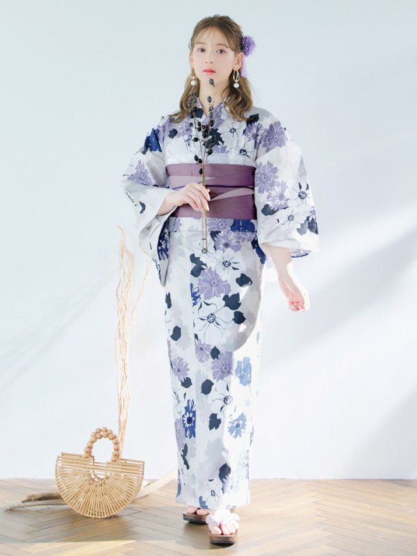 画像7: 【即日発送】パープルフラワー浴衣【浴衣３点セット 浴衣/帯/下駄】[YMT] (7)
