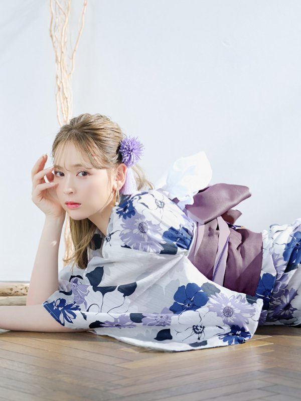 画像2: 【即日発送】パープルフラワー浴衣【浴衣３点セット 浴衣/帯/下駄】[YMT] (2)