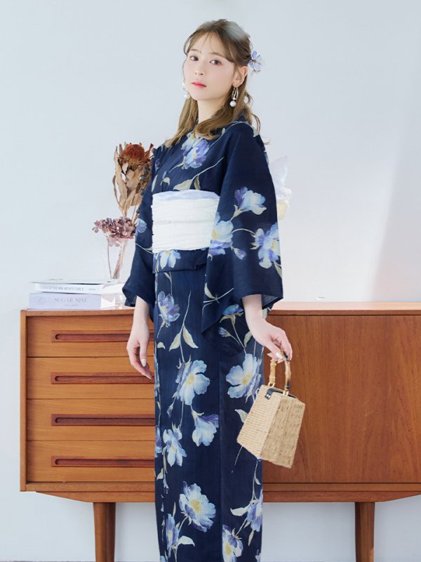 画像16: 【即日発送】ネイビー＆ブルー牡丹浴衣【浴衣３点セット 浴衣/帯/下駄】[YMT] (16)
