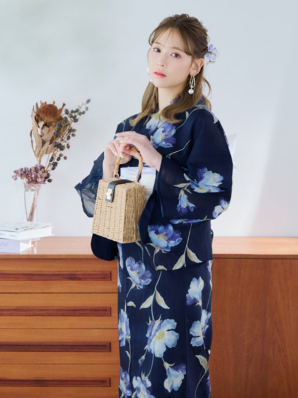 画像2: 【即日発送】ネイビー＆ブルー牡丹浴衣【浴衣３点セット 浴衣/帯/下駄】[YMT] (2)