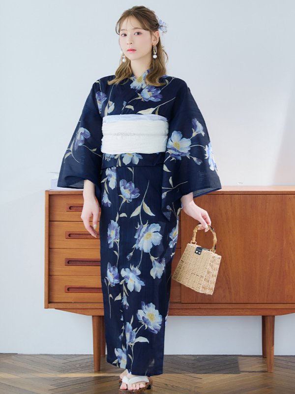 画像4: 【即日発送】ネイビー＆ブルー牡丹浴衣【浴衣３点セット 浴衣/帯/下駄】[YMT] (4)