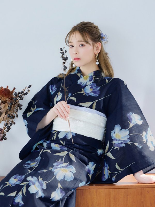 画像5: 【即日発送】ネイビー＆ブルー牡丹浴衣【浴衣３点セット 浴衣/帯/下駄】[YMT] (5)