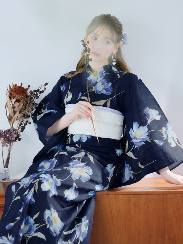 画像7: 【即日発送】ネイビー＆ブルー牡丹浴衣【浴衣３点セット 浴衣/帯/下駄】[YMT] (7)