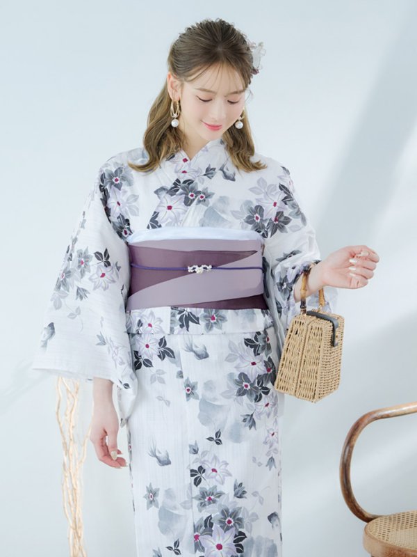 画像13: 【即日発送】朝顔×くすみパープル浴衣【浴衣３点セット 浴衣/帯/下駄】[YMT] (13)