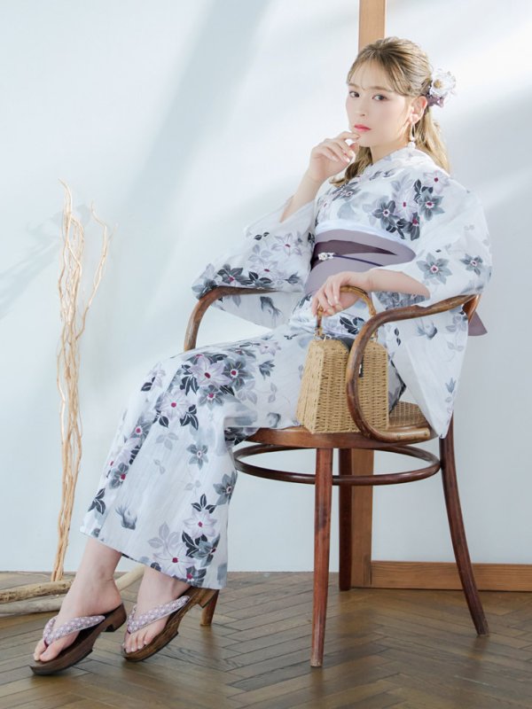 画像2: 【即日発送】朝顔×くすみパープル浴衣【浴衣３点セット 浴衣/帯/下駄】[YMT] (2)