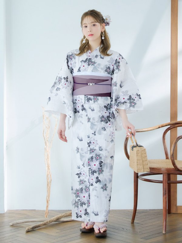 画像4: 【即日発送】朝顔×くすみパープル浴衣【浴衣３点セット 浴衣/帯/下駄】[YMT] (4)