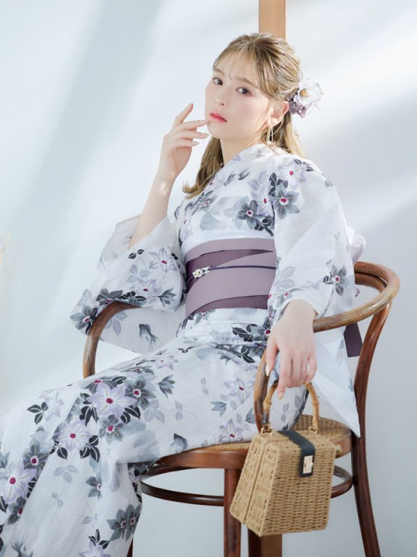 画像7: 【即日発送】朝顔×くすみパープル浴衣【浴衣３点セット 浴衣/帯/下駄】[YMT] (7)