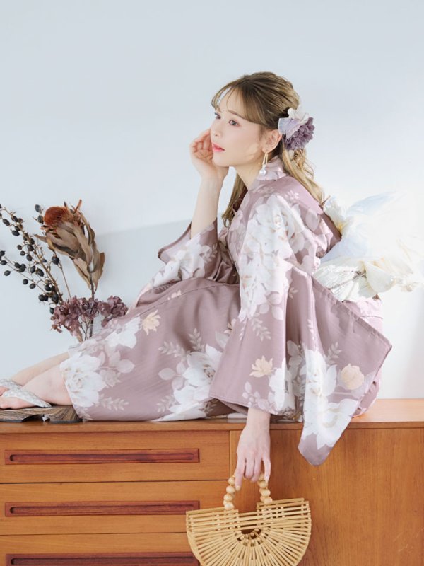 画像3: 【即日発送】ピンクベージュフラワー浴衣【浴衣３点セット 浴衣/帯/下駄】[YMT] (3)